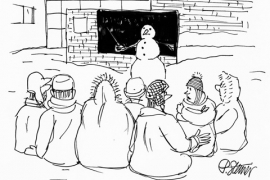 A cartoon of a snowman in front of the outdoor classroom chalkboard lectures to students huddling in parkas. One student turns to the other to say something. 